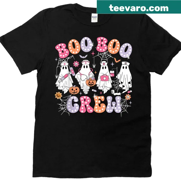 Funny ghost with 'Boo Boo Crew' text on Halloween nurse t-shirt
