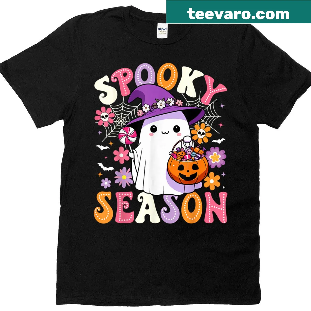 Retro ghost holding a pumpkin graphic on Halloween t-shirt — on a men's t-shirt