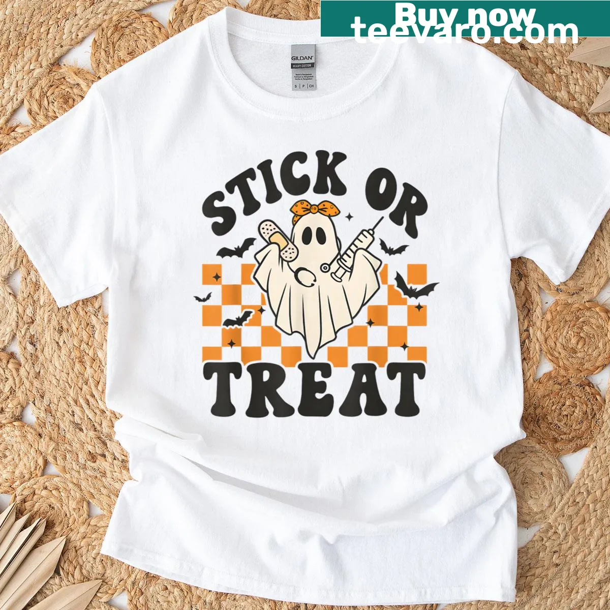 Funny cartoon ghost nurse and doctor on a Halloween T-shirt — on a men's t-shirt