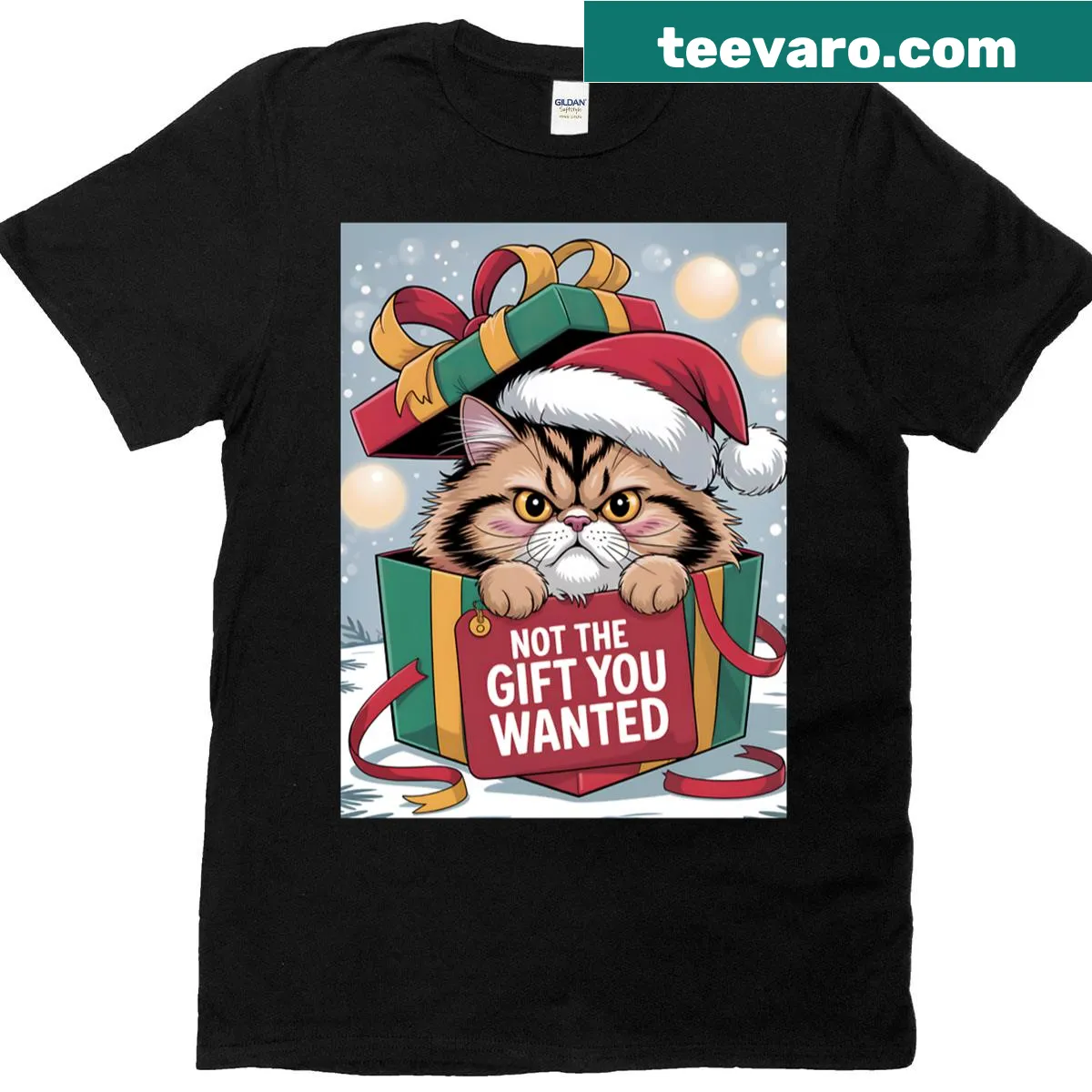 Cute grumpy Persian cat illustration for Christmas T-shirt. — on a men's t-shirt