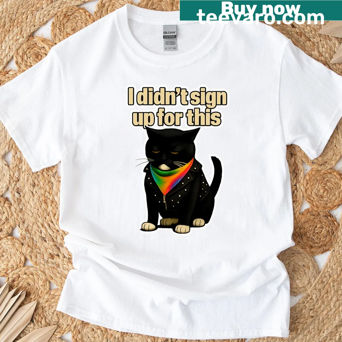Funny graphic of a grumpy tuxedo cat in punk attire — on a men's t-shirt