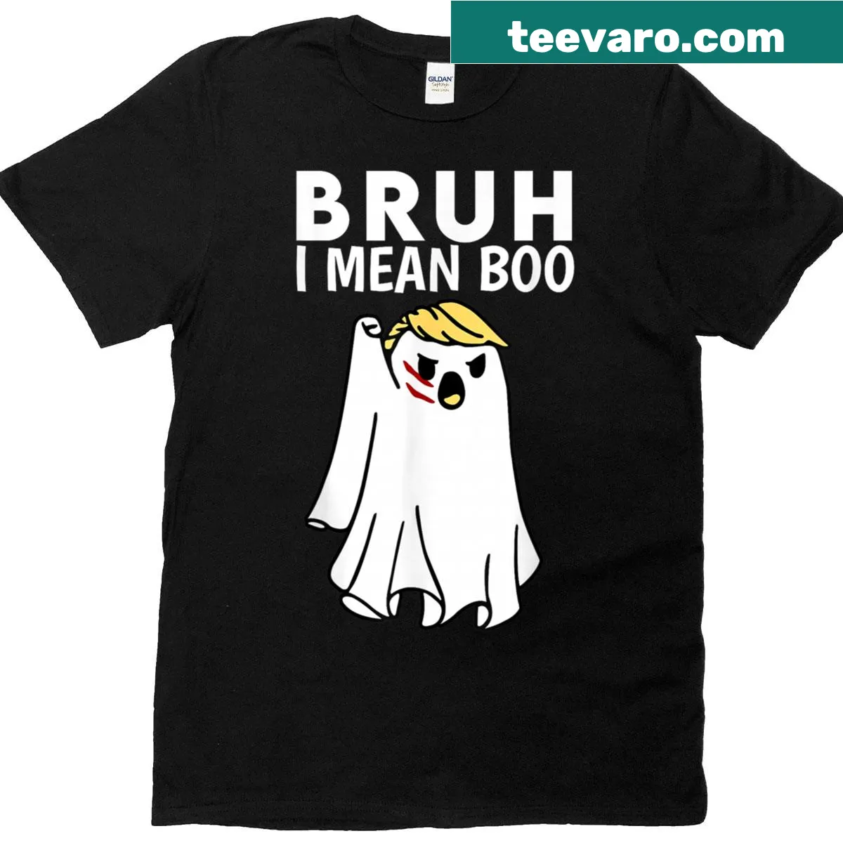 Funny Halloween T-shirt with cartoon character resembling Trump. — on a men's t-shirt