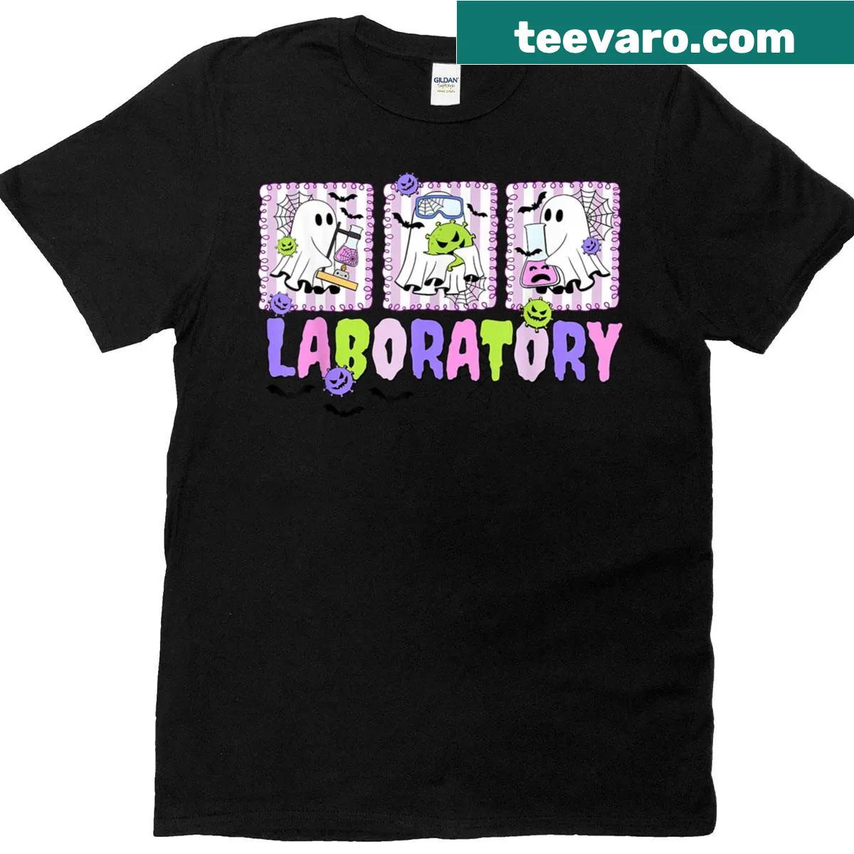 Halloween graphic of a ghost in a laboratory for science lovers — on a men's t-shirt