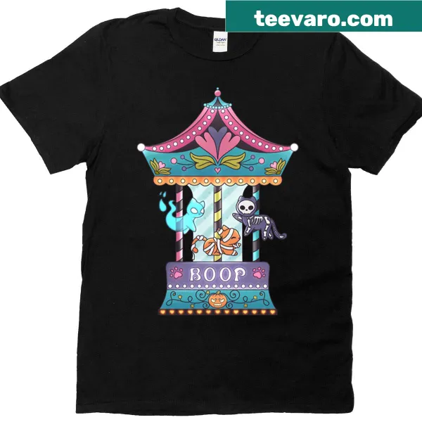 Cartoon Halloween T-shirt with a carousel of costumed cats