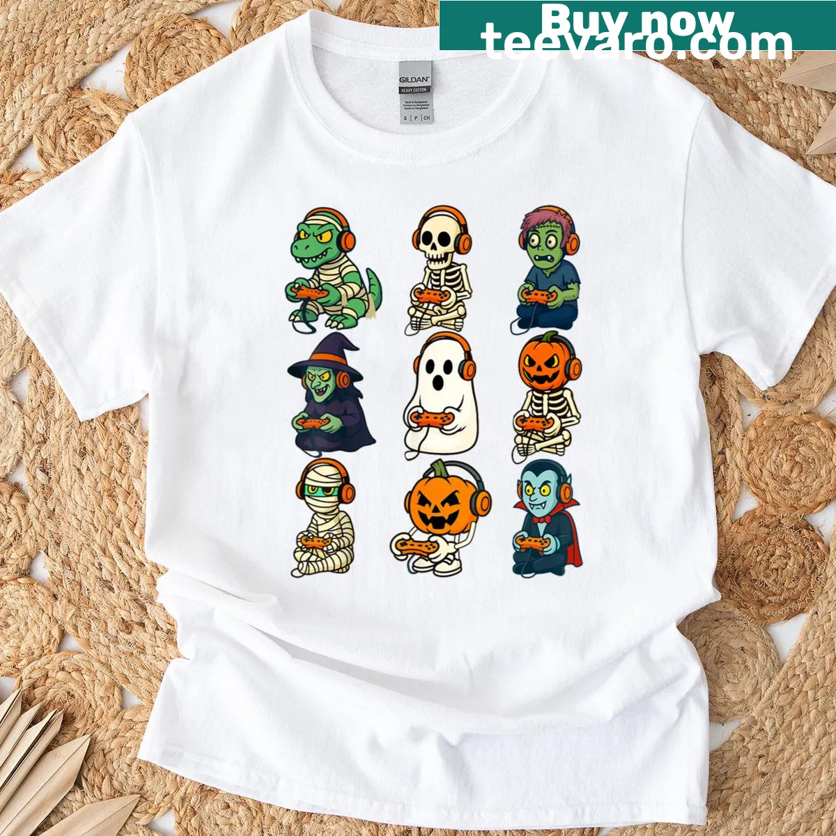 Cartoon dinosaur skeleton dressed as a ghost and pumpkin for Halloween. — on a men's t-shirt