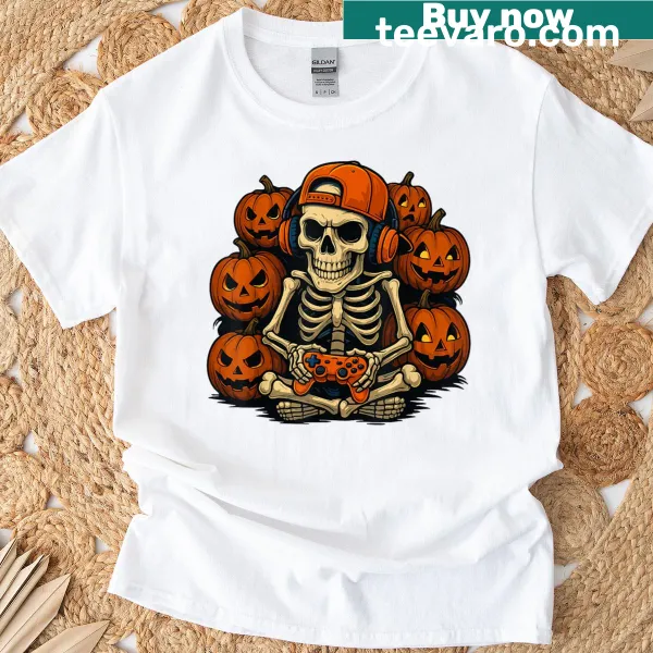 Funny skeleton gamer Halloween t-shirt for boys and kids