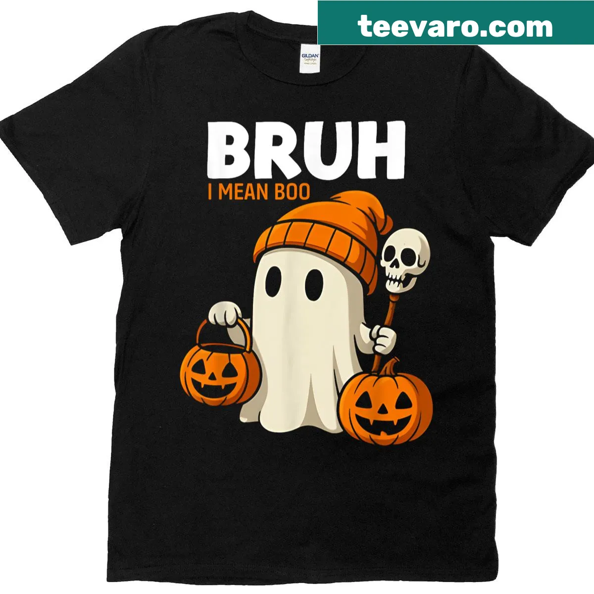 Funny Halloween graphic with a skull and ghost saying Boo — on a men's t-shirt