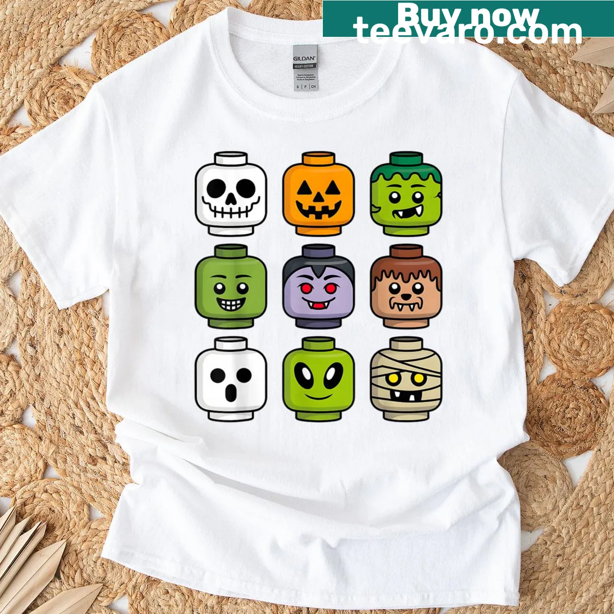 T-shirt with building brick characters: pumpkin, ghost, and zombie — on a men's t-shirt