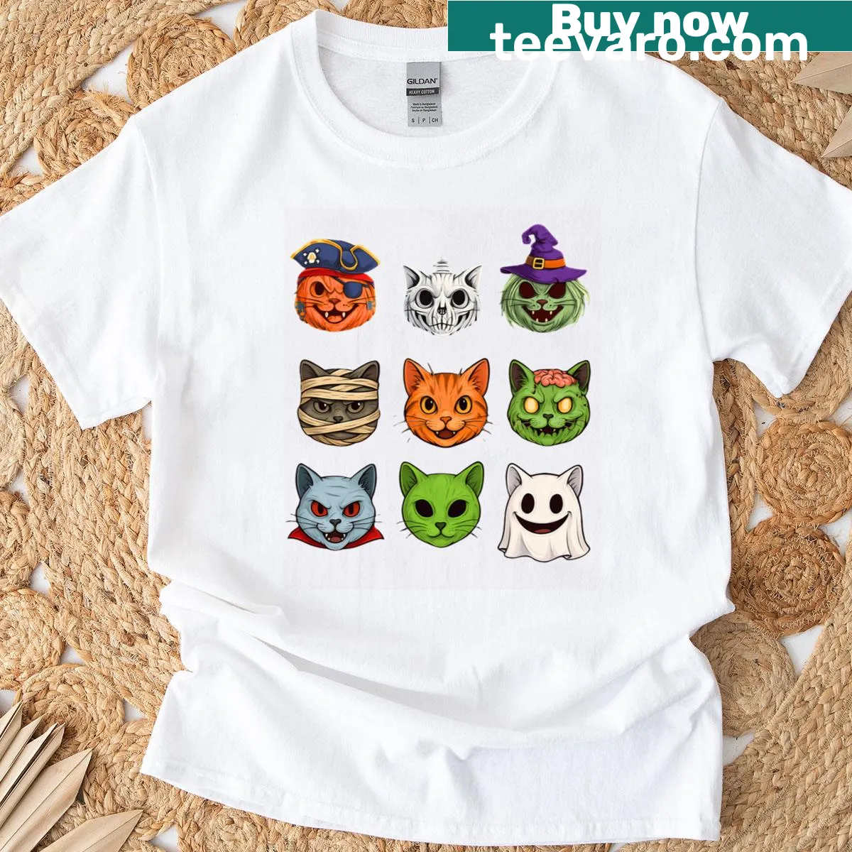 Illustration of various Halloween-themed cats: skeleton, zombie, witch, and vampire. — on a men's t-shirt