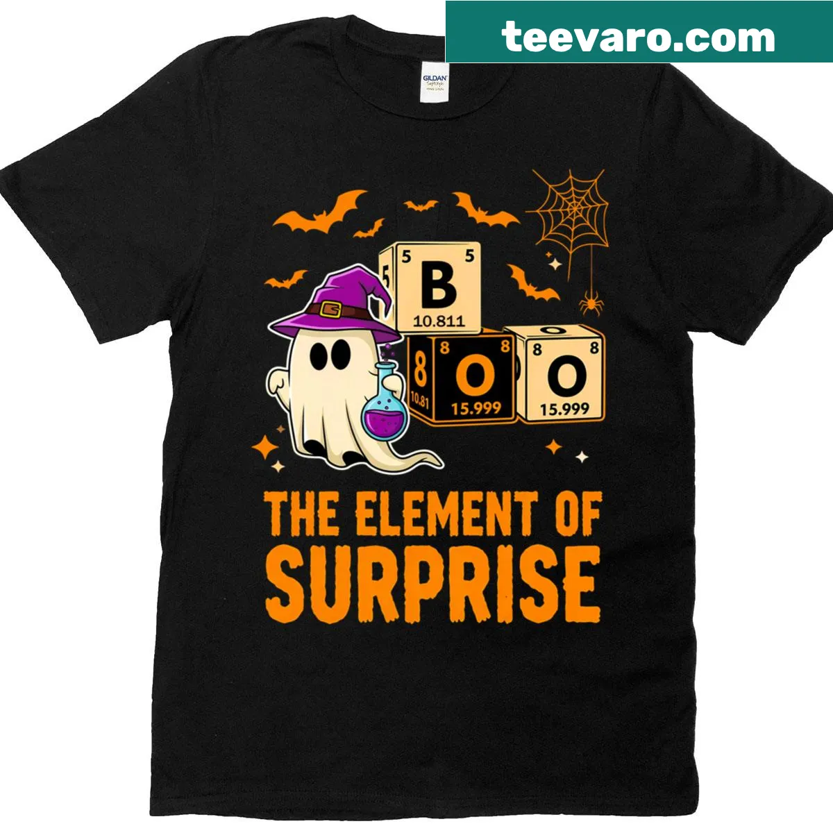 Ghost graphic with chemical elements in a playful Halloween design — on a men's t-shirt