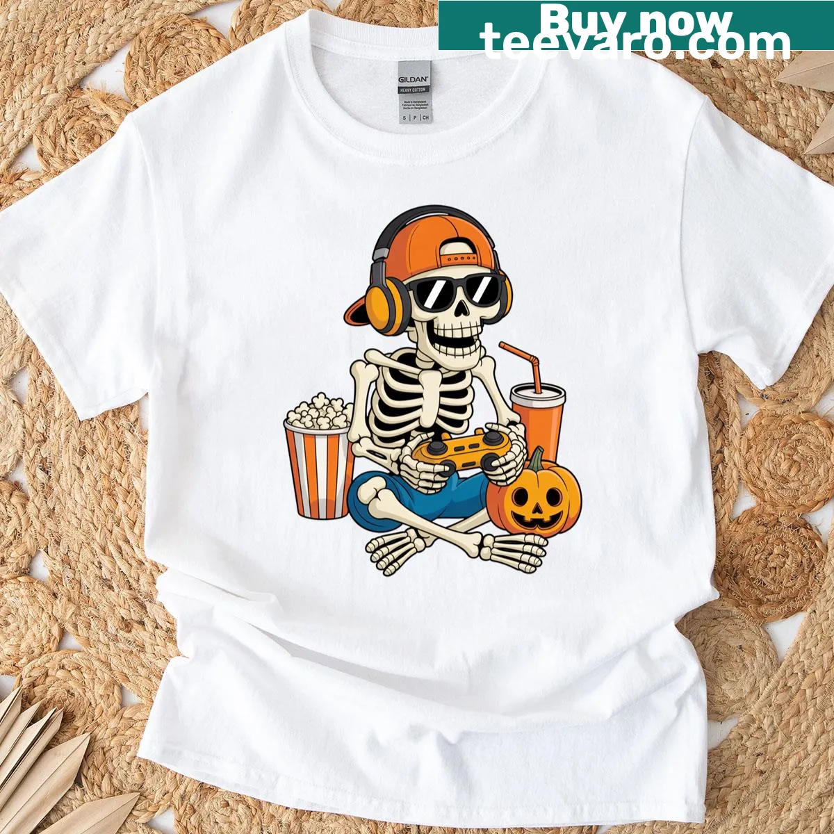 Skeleton gaming graphic t-shirt for Halloween — on a men's t-shirt