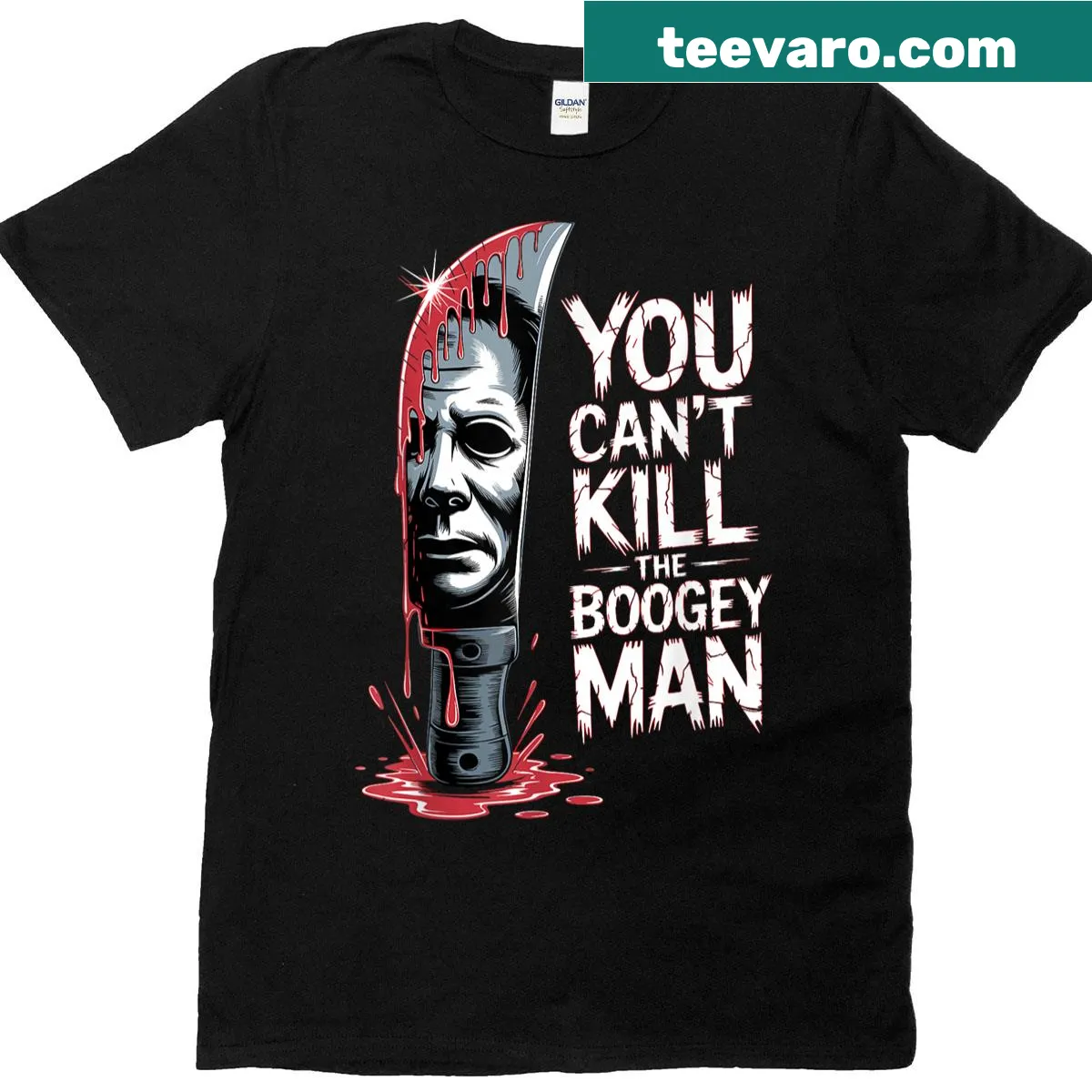 Creepy horror-themed T-shirt with Boogeyman text for Halloween — on a men's t-shirt