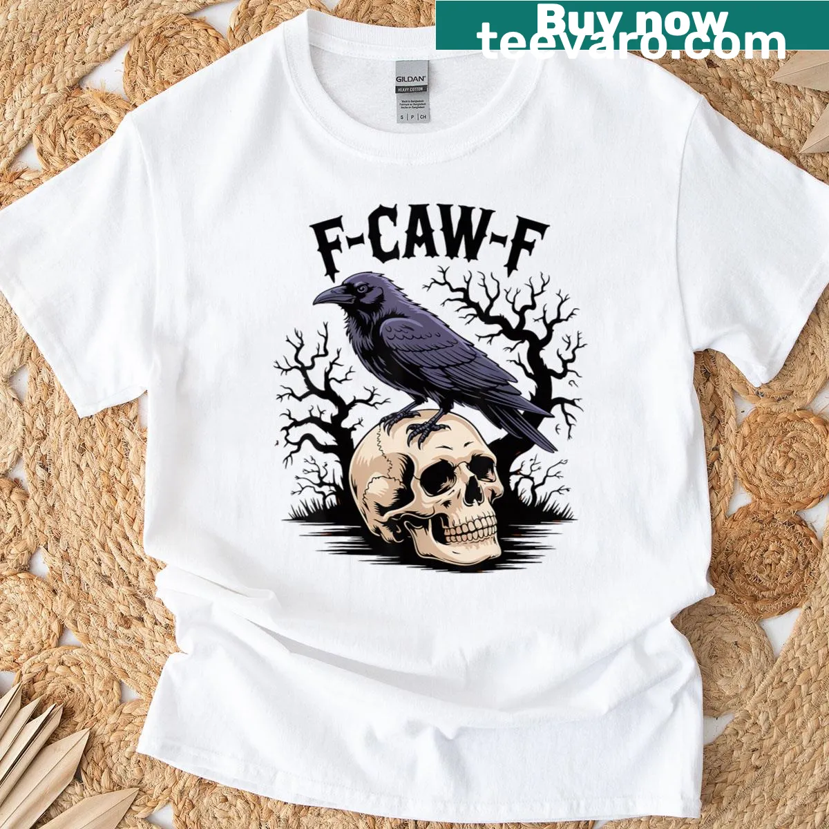 Playful Halloween t-shirt featuring a cartoon crow design — on a men's t-shirt