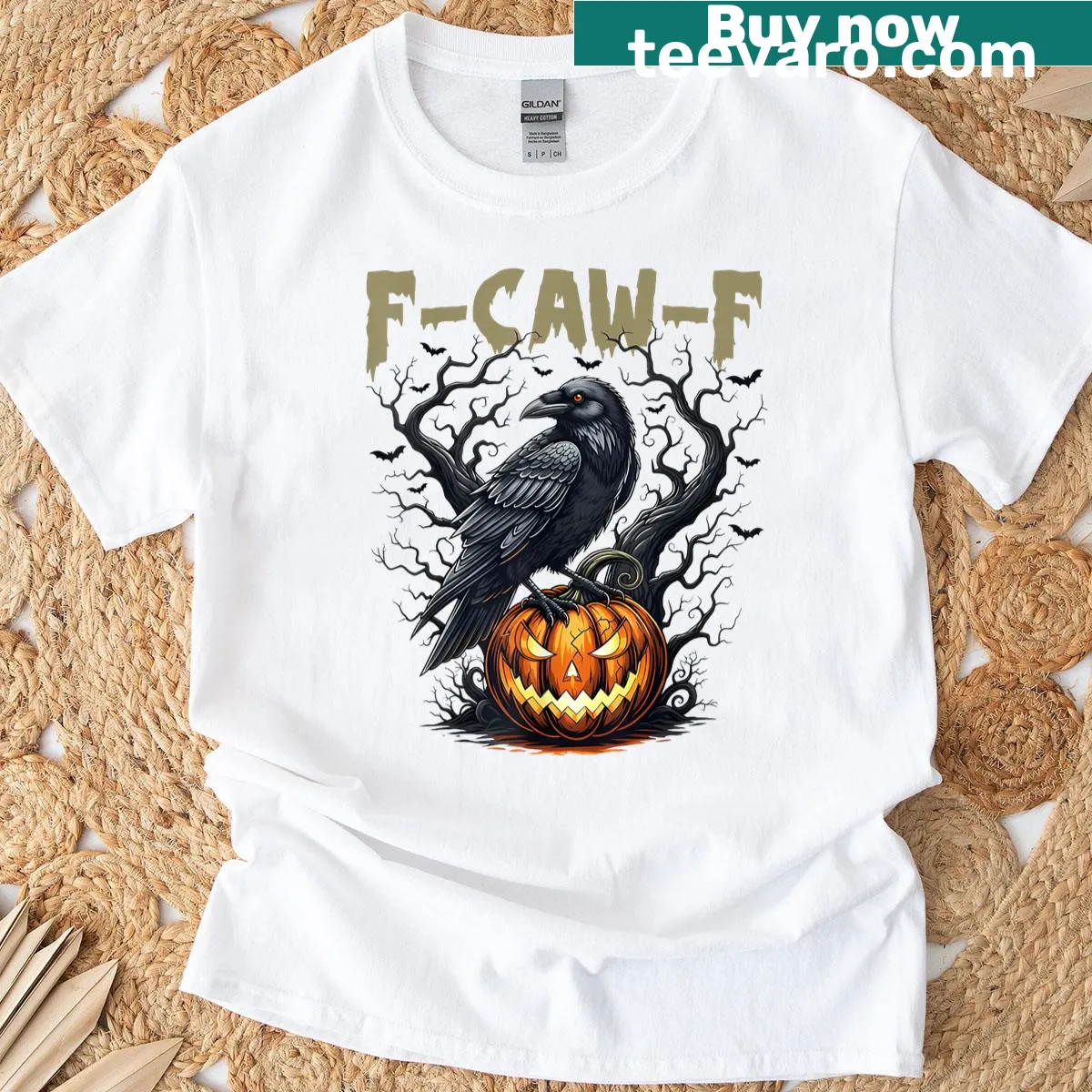 Humorous F Caw F black bird graphic T-shirt — on a men's t-shirt