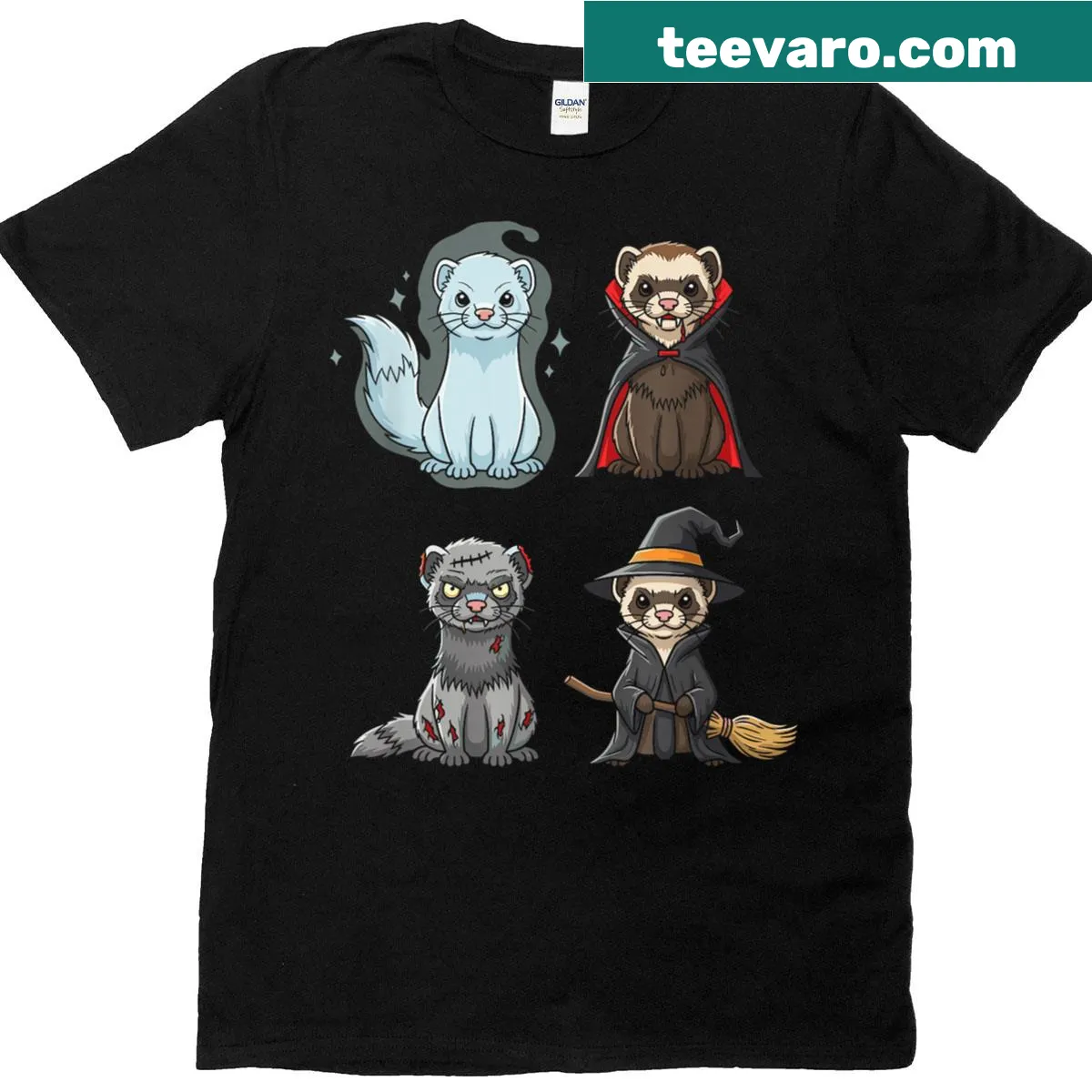 Cute Halloween T-shirt with ferret ghost witch illustration — on a men's t-shirt