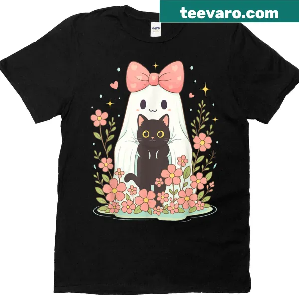 Floral ghost holding a cat on women's Halloween T-shirt