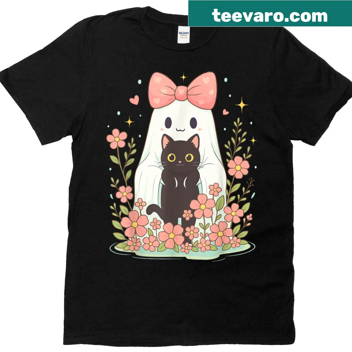 Floral ghost holding a cat on women's Halloween T-shirt — on a men's t-shirt