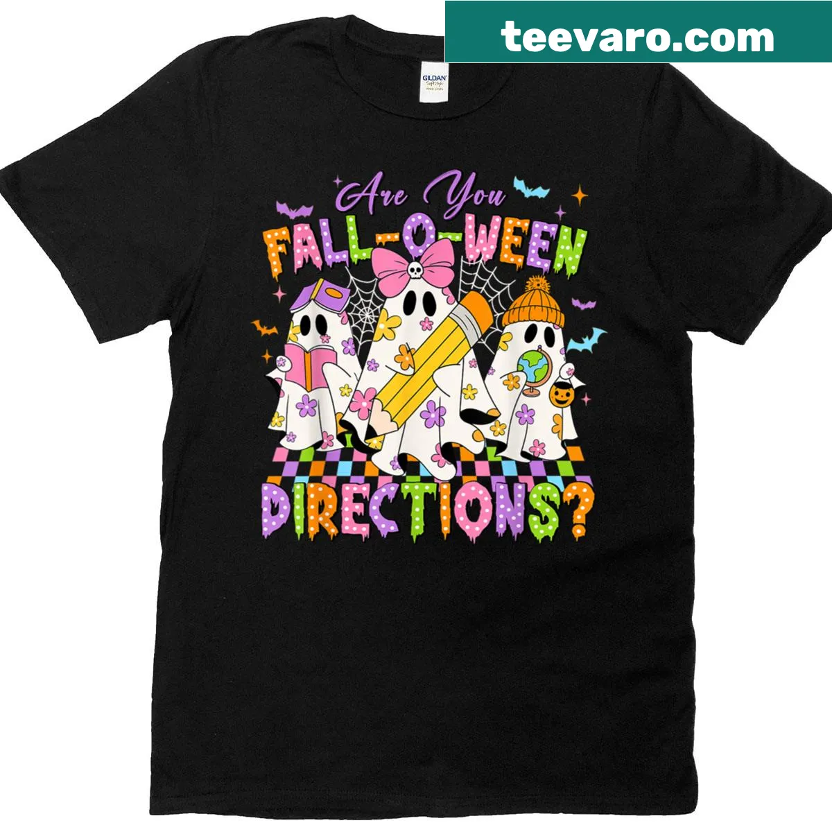 Floral ghost graphic with text for Halloween teacher shirt — on a men's t-shirt