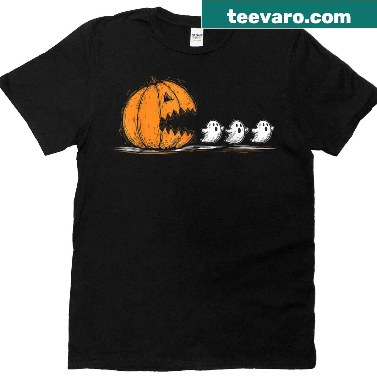 Halloween T-shirt with a pumpkin and ghost graphic — on a men's t-shirt
