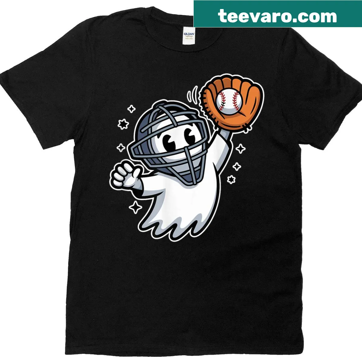 Graphic of a ghost catcher in a baseball costume for Halloween — on a men's t-shirt