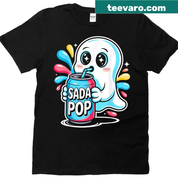 Cute retro Halloween graphic featuring a ghost with a soda drink.