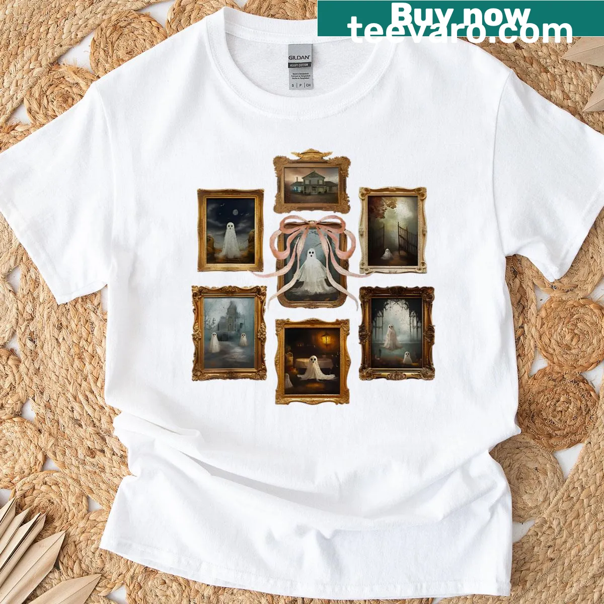 Cute ghost picture frame design for Halloween T-shirt — on a men's t-shirt