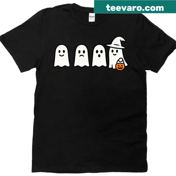 Halloween shirt featuring playful ghosts with witch hats and a pumpkin