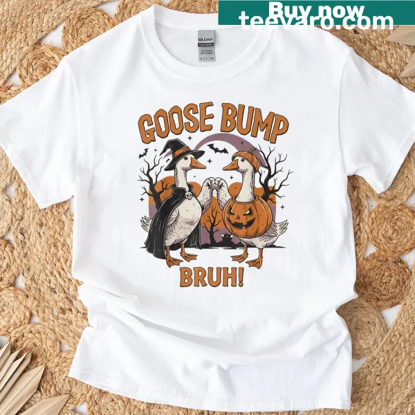 Funny Halloween T-shirt with a goose dressed as a pumpkin