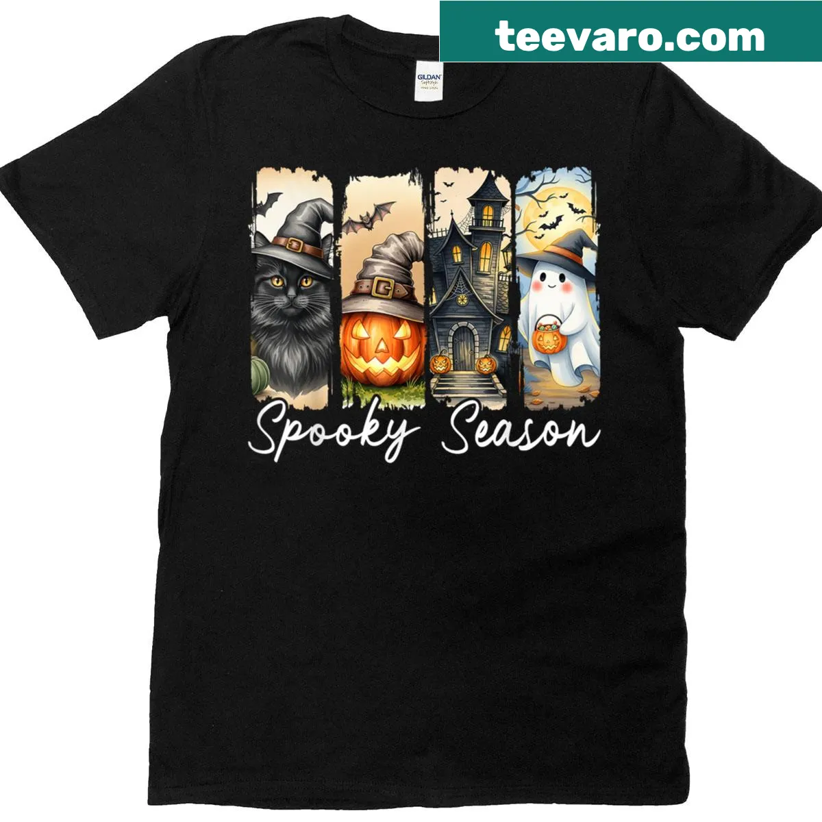 Halloween T-shirt with a black cat, pumpkin, and ghost illustration — on a men's t-shirt