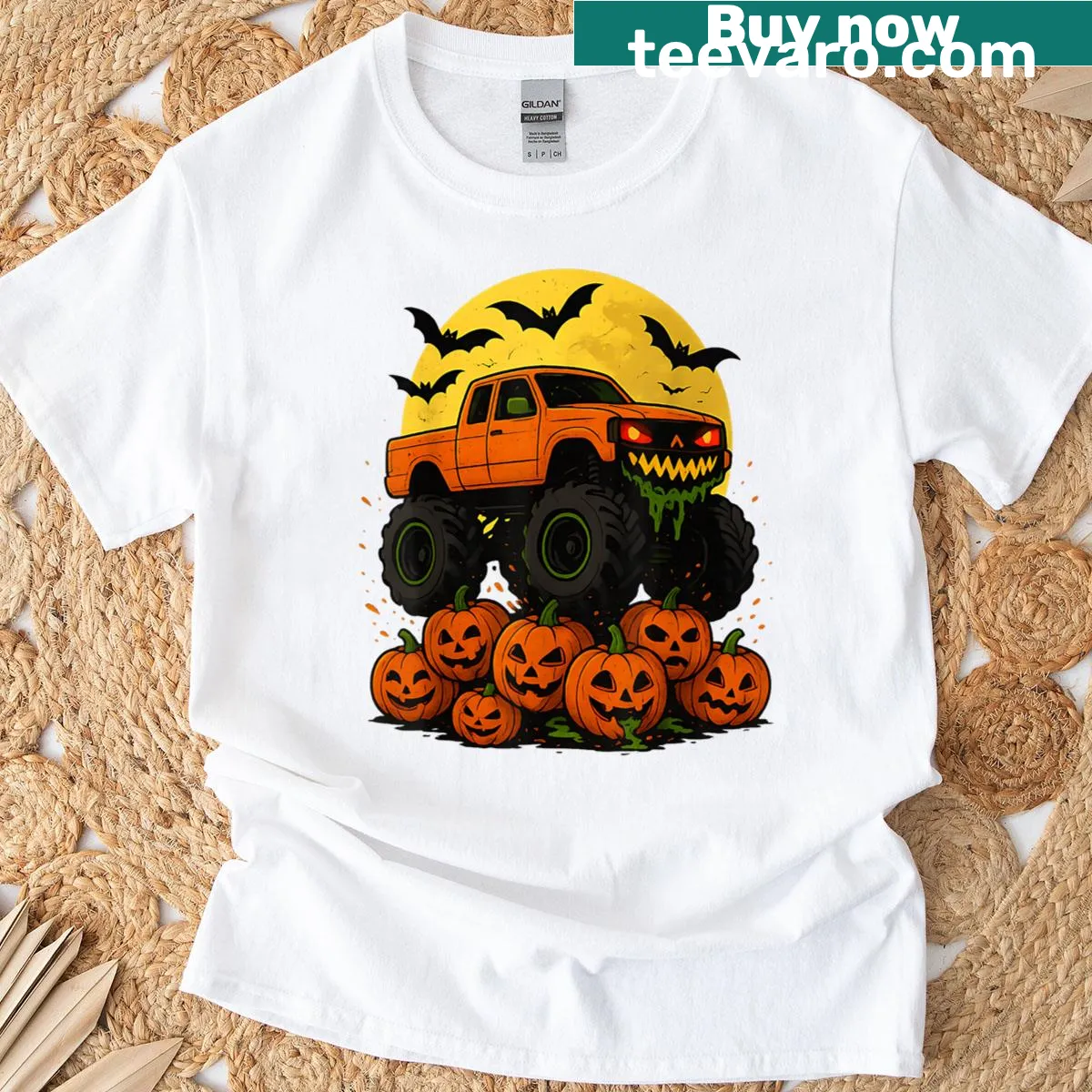 Monster truck crushing pumpkins graphic on a Halloween t-shirt — on a men's t-shirt