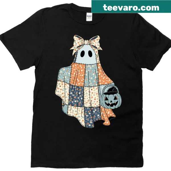 Vintage Halloween t-shirt with patchwork ghosts and pumpkins design