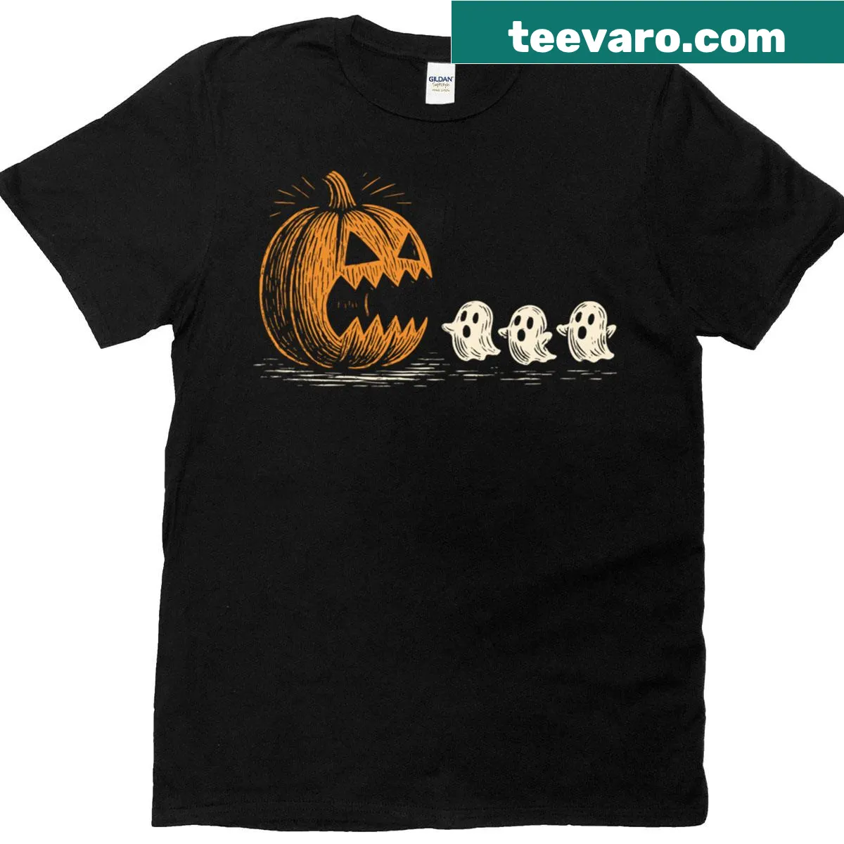 Vintage-style Halloween graphic of a pumpkin with playful ghosts. — on a men's t-shirt