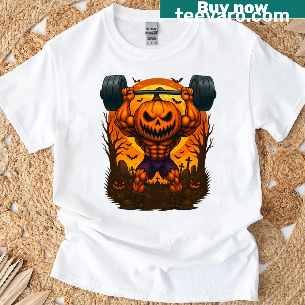 Edgy Halloween t-shirt with a muscular pumpkin and bats — on a men's t-shirt