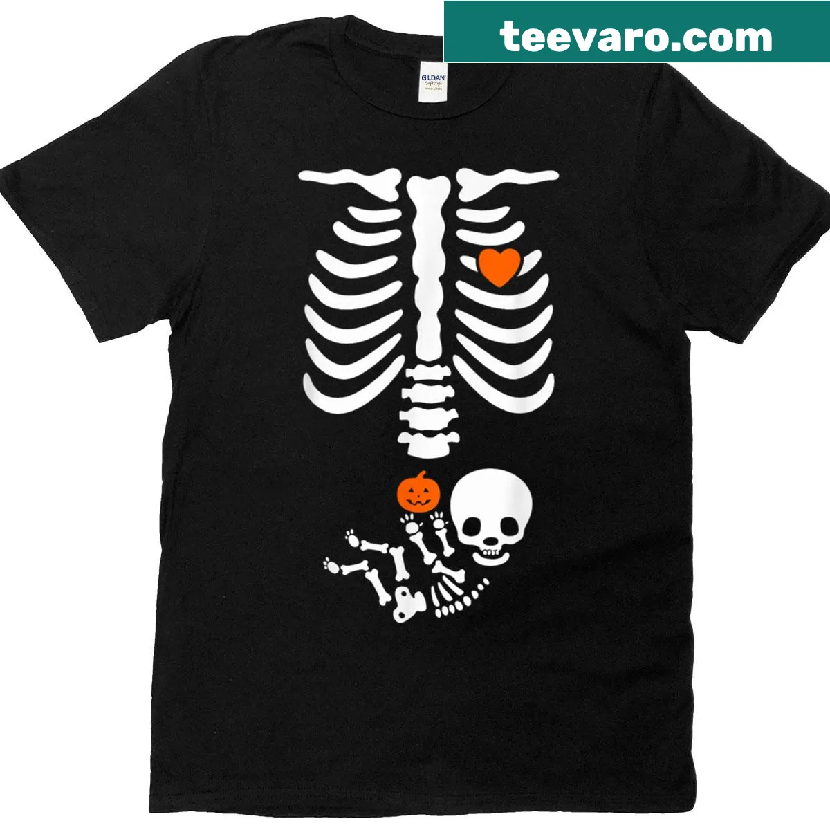 Cute Halloween T-shirt with skeleton baby and pumpkins design. — on a men's t-shirt