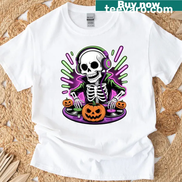 Skeleton DJ graphic on a Halloween t-shirt