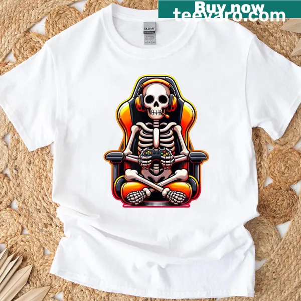 Funny Halloween t-shirt featuring a skeleton gamer design