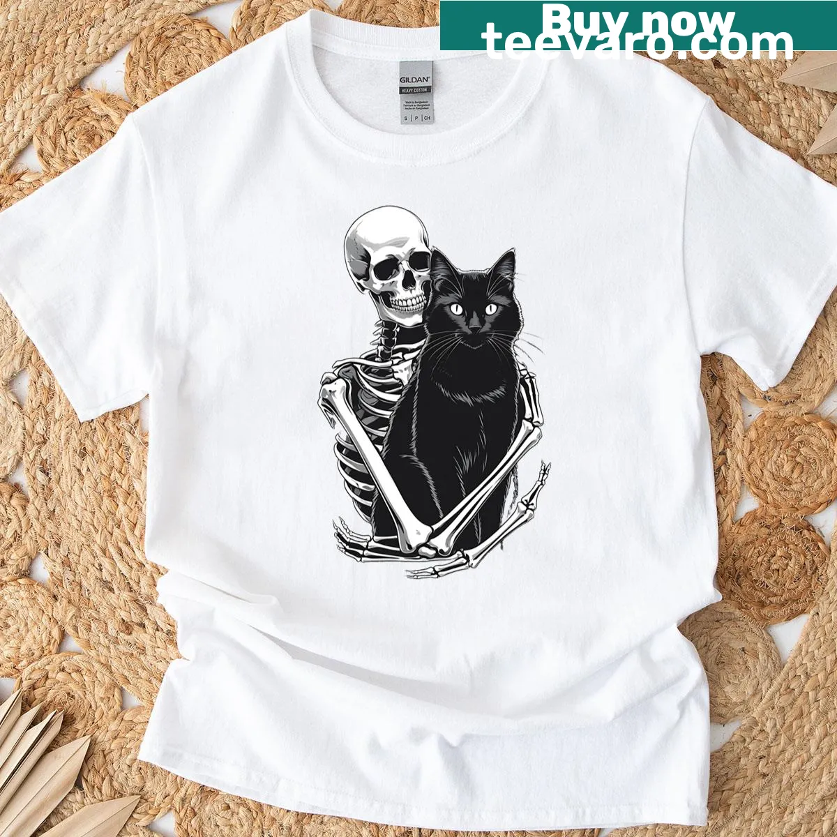 Skeleton hugging a black cat for Halloween T-shirt — on a men's t-shirt