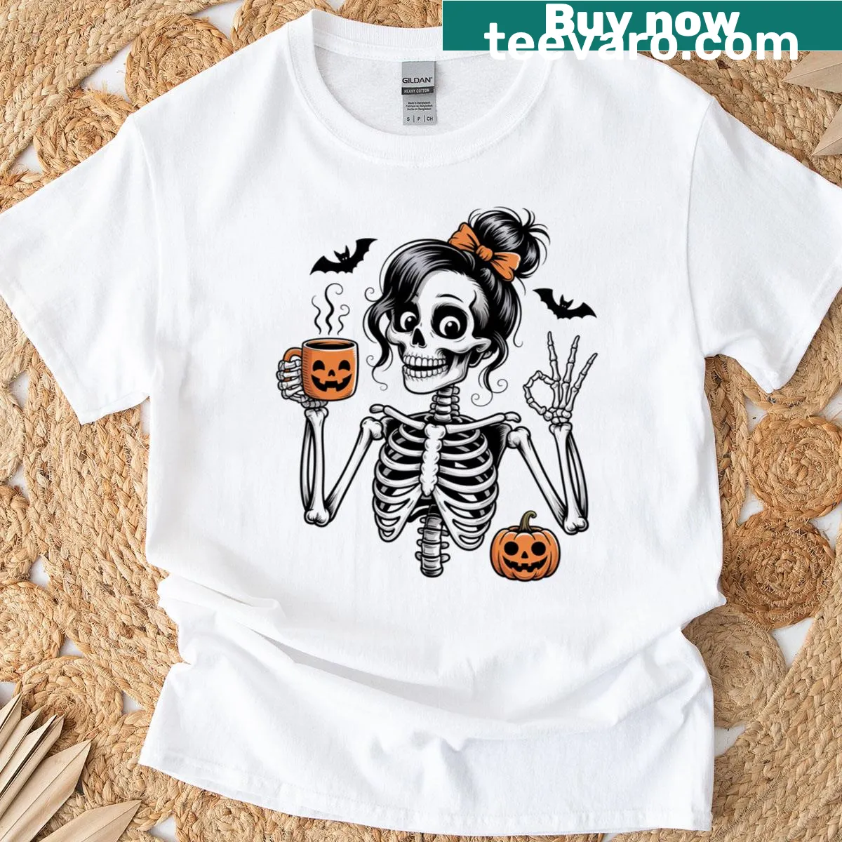 Halloween mom tee with skeleton, messy bun, coffee, pumpkins, and bats — on a men's t-shirt