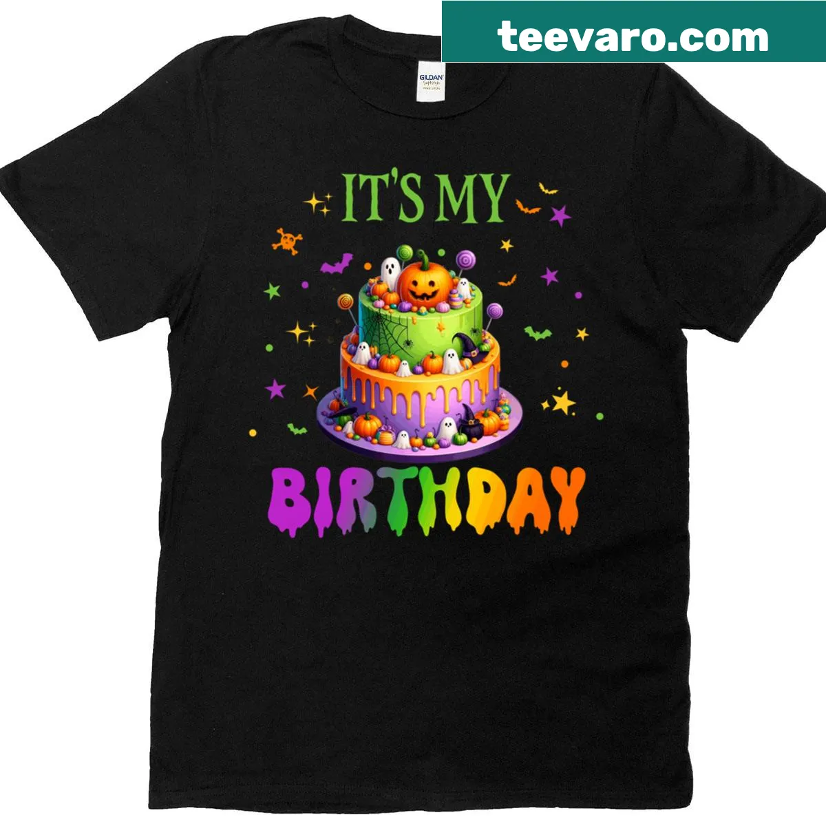 Illustrated skeleton celebrating a spooky birthday on T-shirt. — on a men's t-shirt