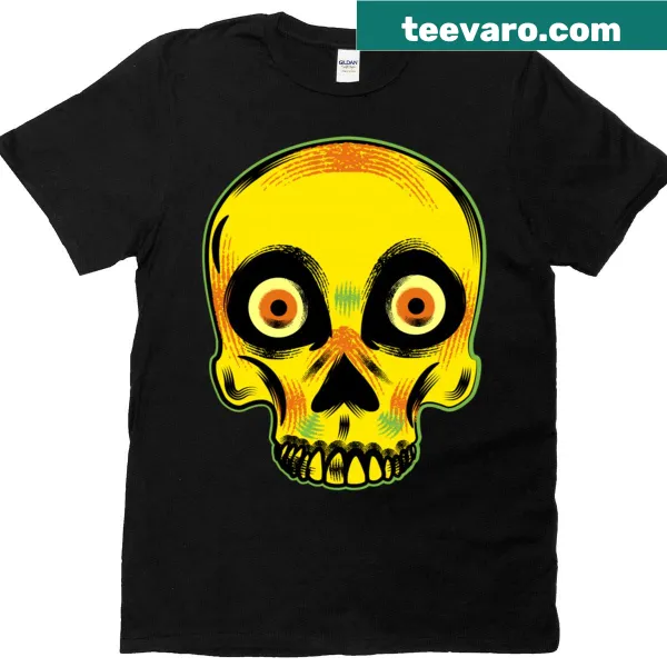 Halloween T-shirt featuring skull and skeleton with a pumpkin