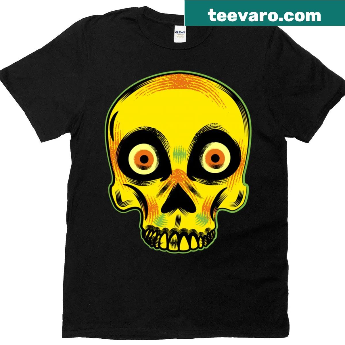 Halloween T-shirt featuring skull and skeleton with a pumpkin — on a men's t-shirt