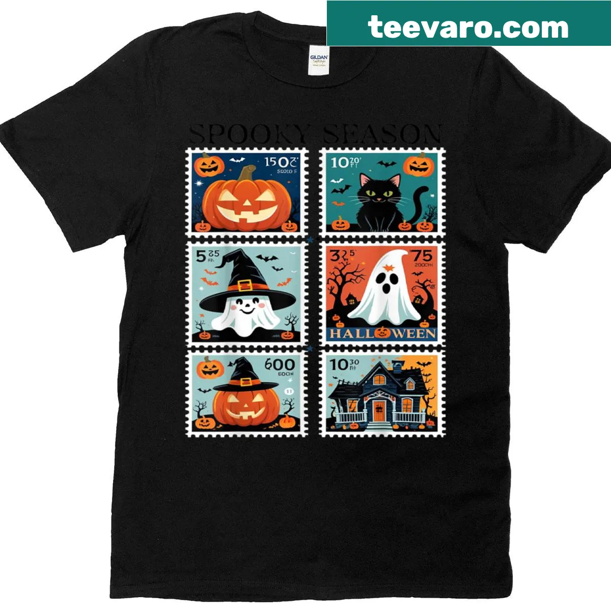 Halloween stamp design with pumpkins, cats, and ghosts t-shirt — on a men's t-shirt
