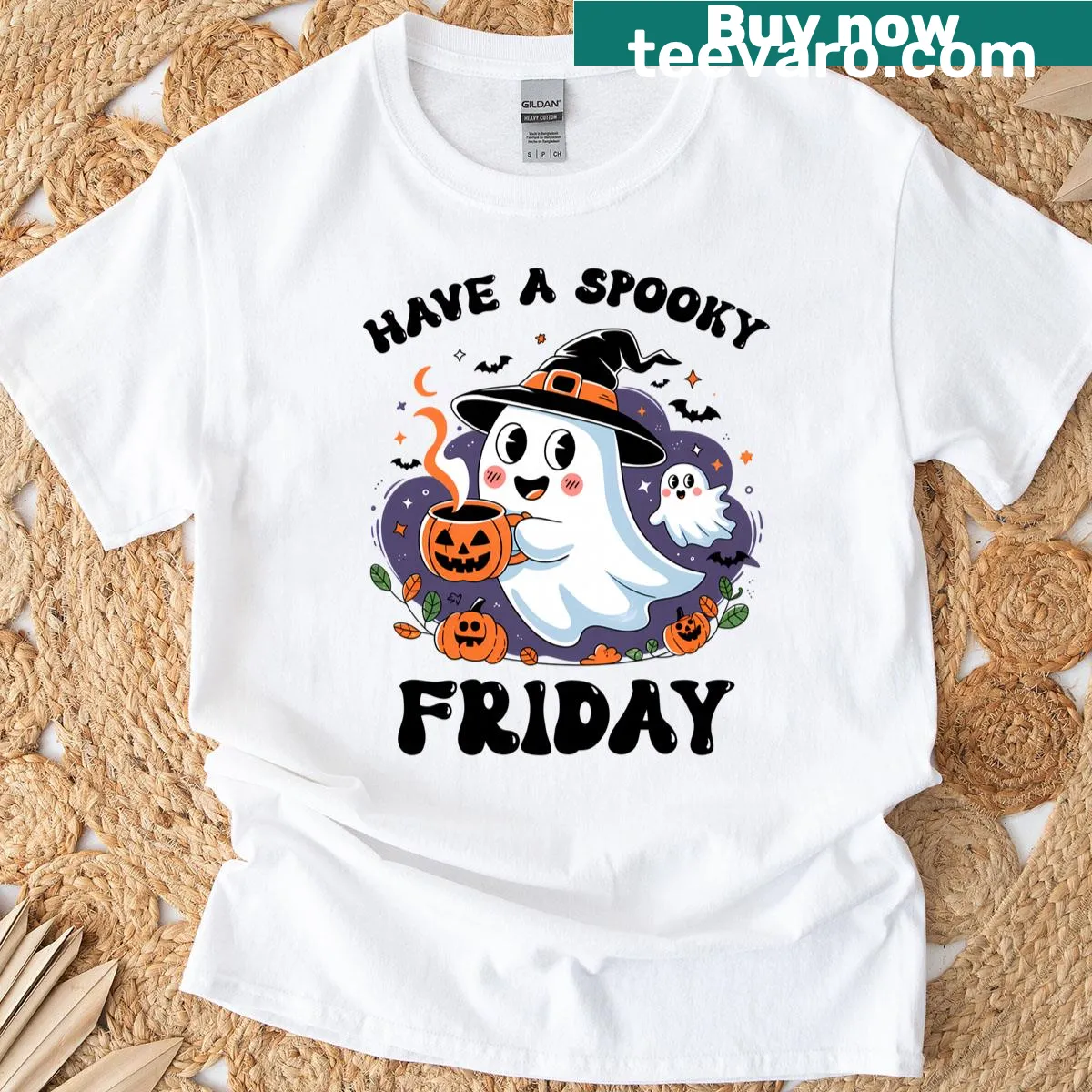 Whimsical Halloween t-shirt featuring a witch, ghost, and pumpkins — on a men's t-shirt