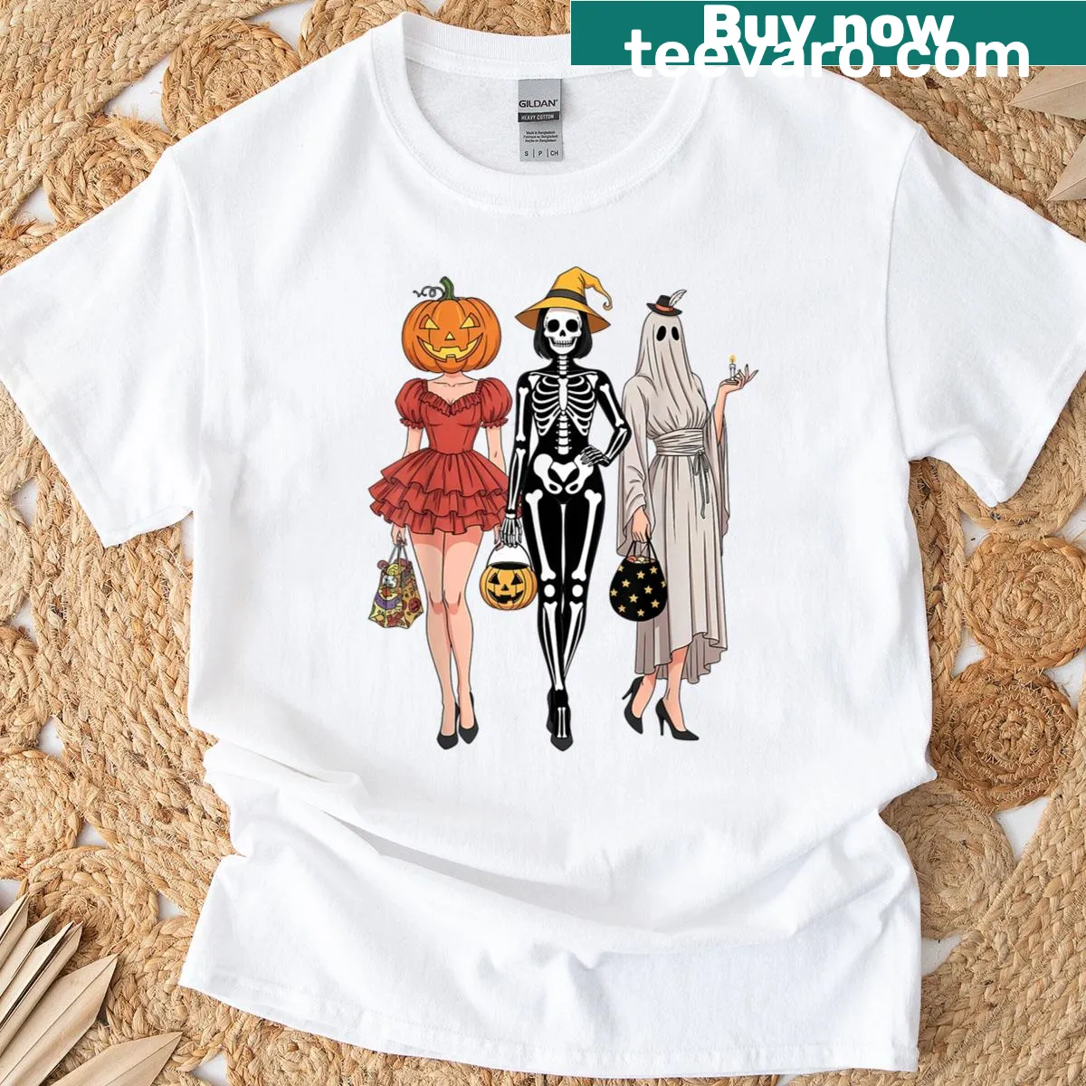 Retro Halloween t-shirt with a witch and pumpkin illustration — on a men's t-shirt