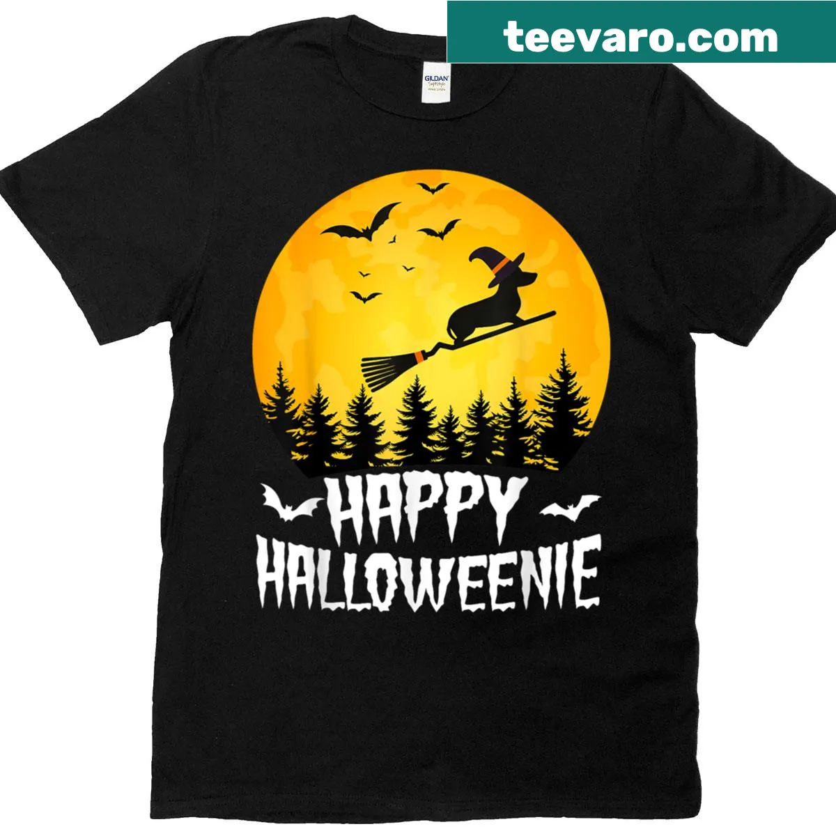 Dachshund in witch hat Halloween graphic t-shirt — on a men's t-shirt