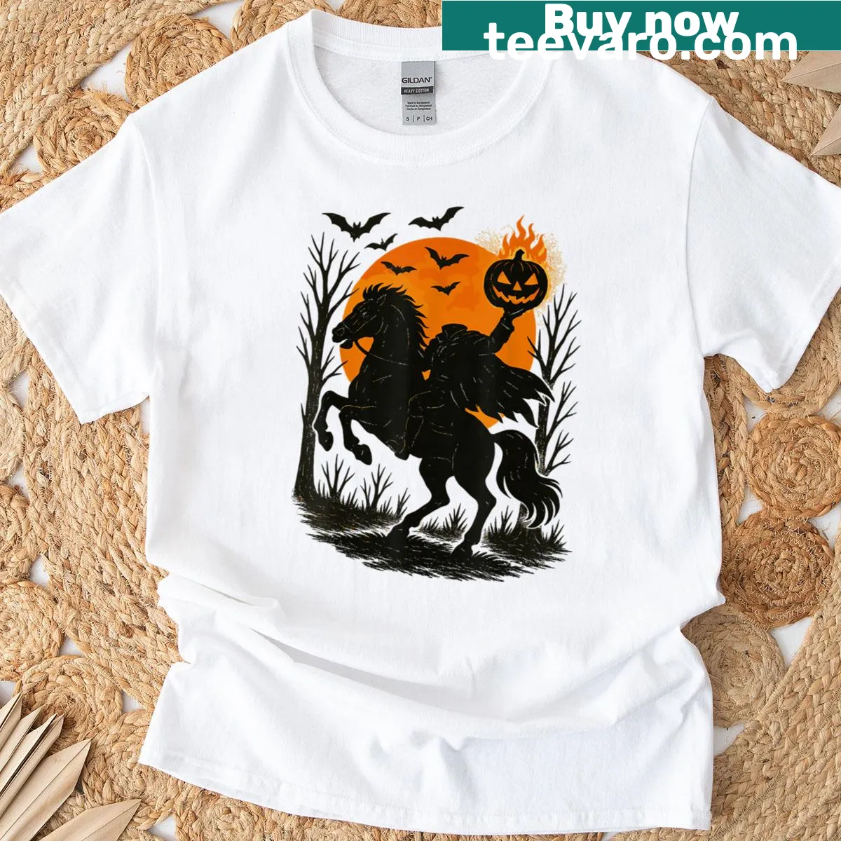 Halloween T-shirt featuring the Headless Horseman and a pumpkin — on a men's t-shirt