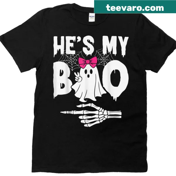 Matching couples Halloween t-shirt with a ghost and 'He’s My Boo' text