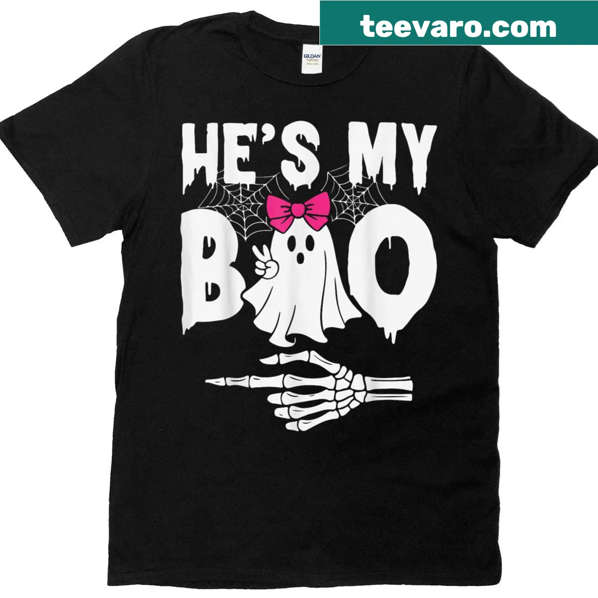 Matching couples Halloween t-shirt with a ghost and 'He’s My Boo' text — on a men's t-shirt