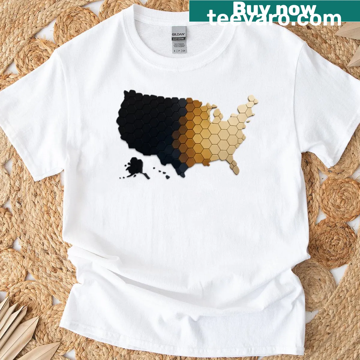 Minimalist hexagon gradient map of the USA T-shirt — on a men's t-shirt