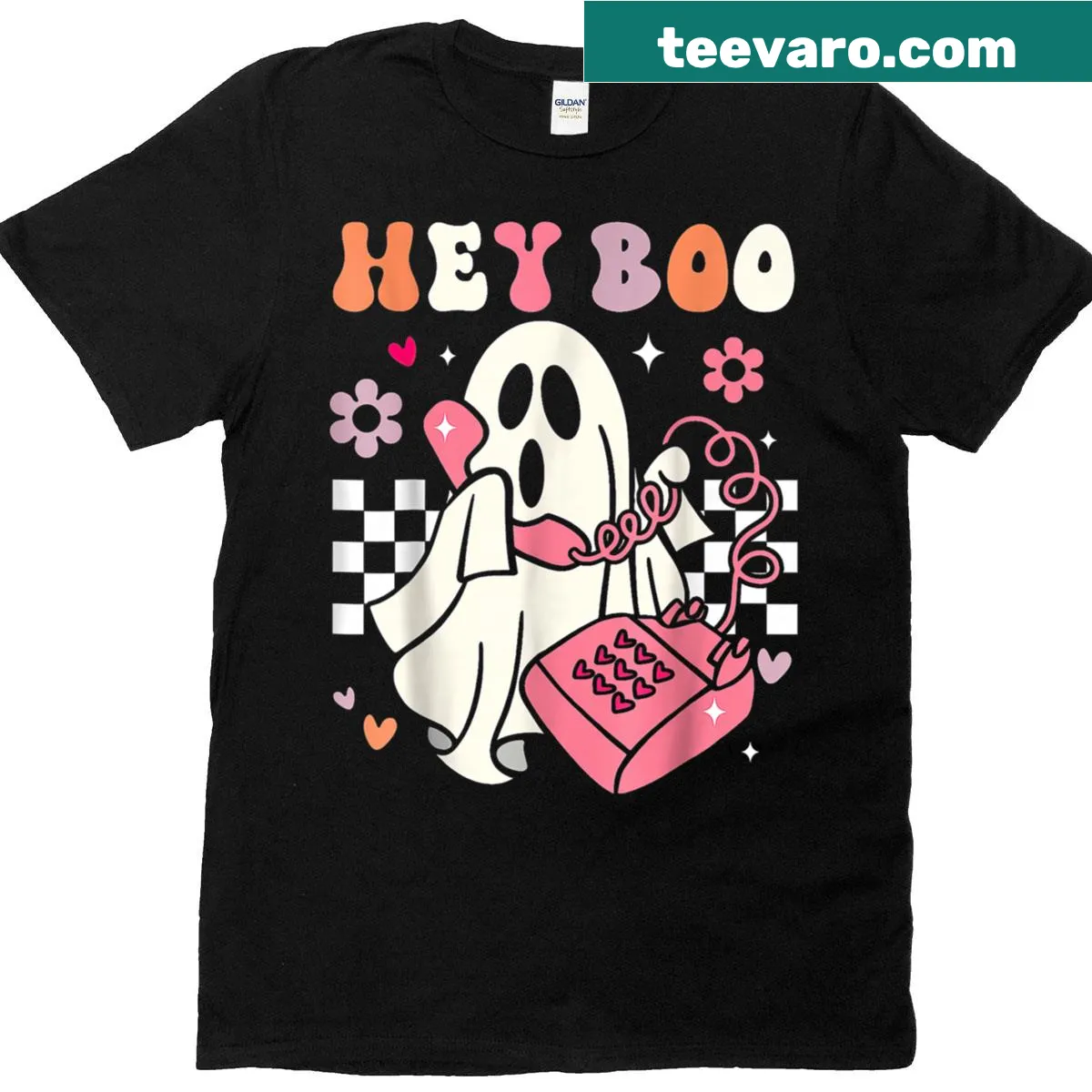 Playful ghost t-shirt with the phrase Hey Boo for Halloween — on a men's t-shirt